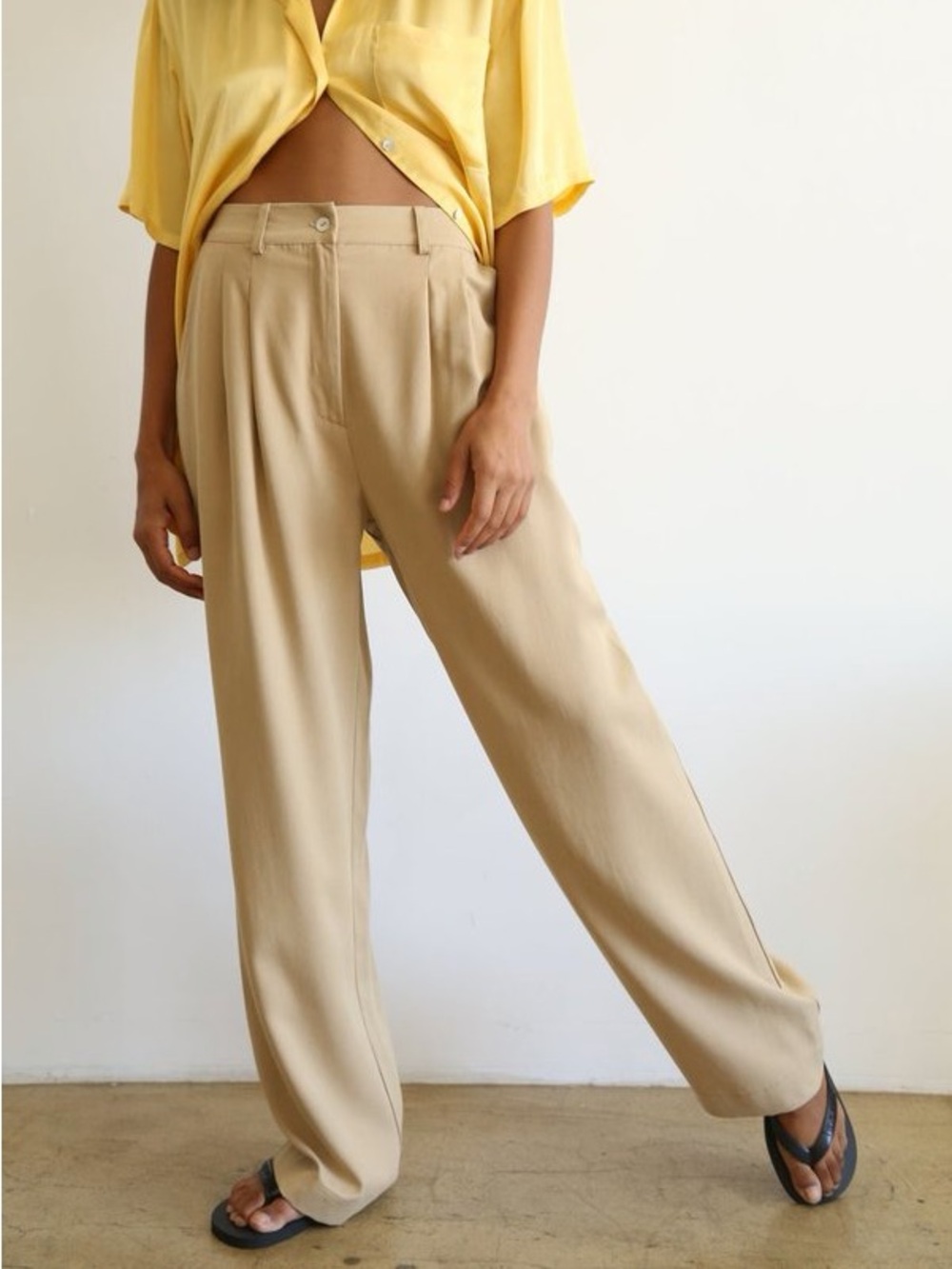 DONNI. Neutral Wide-Leg High-Rise Pants in Beige - Picture 1 of 5
